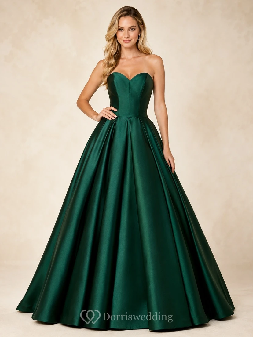 Dark Green Satin Strapless Sweetheart Pleated Floor-length Ball Gown Formal Dress