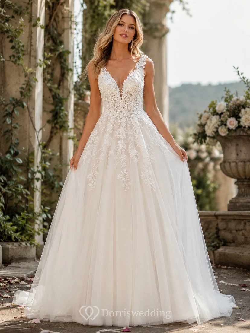 Elegantes, ärmelloses Empire-Brautkleid aus Spitze und Tüll mit V-Ausschnitt und A-Linien-Schnitt
