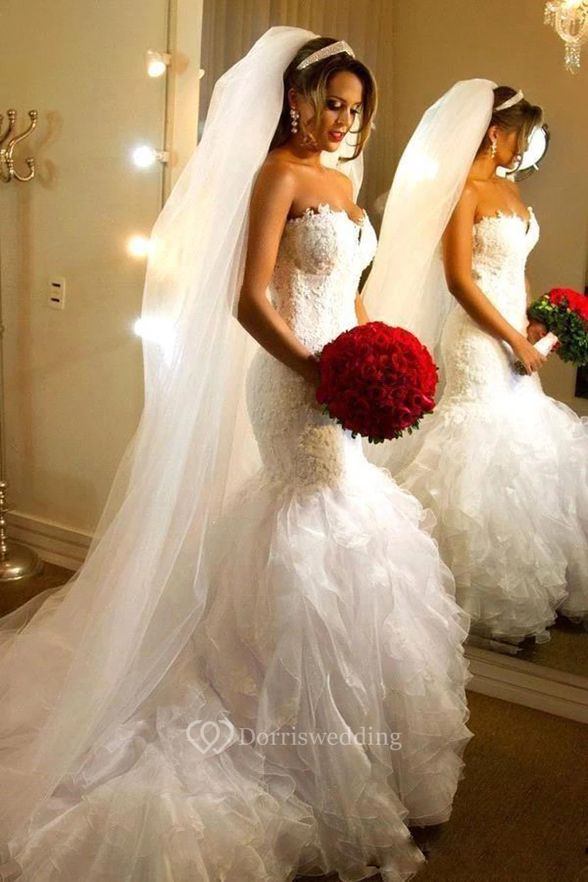 Sexy Sweetheart Backless Organza Drapped Mermaid Lace Wedding Dresses  view 4