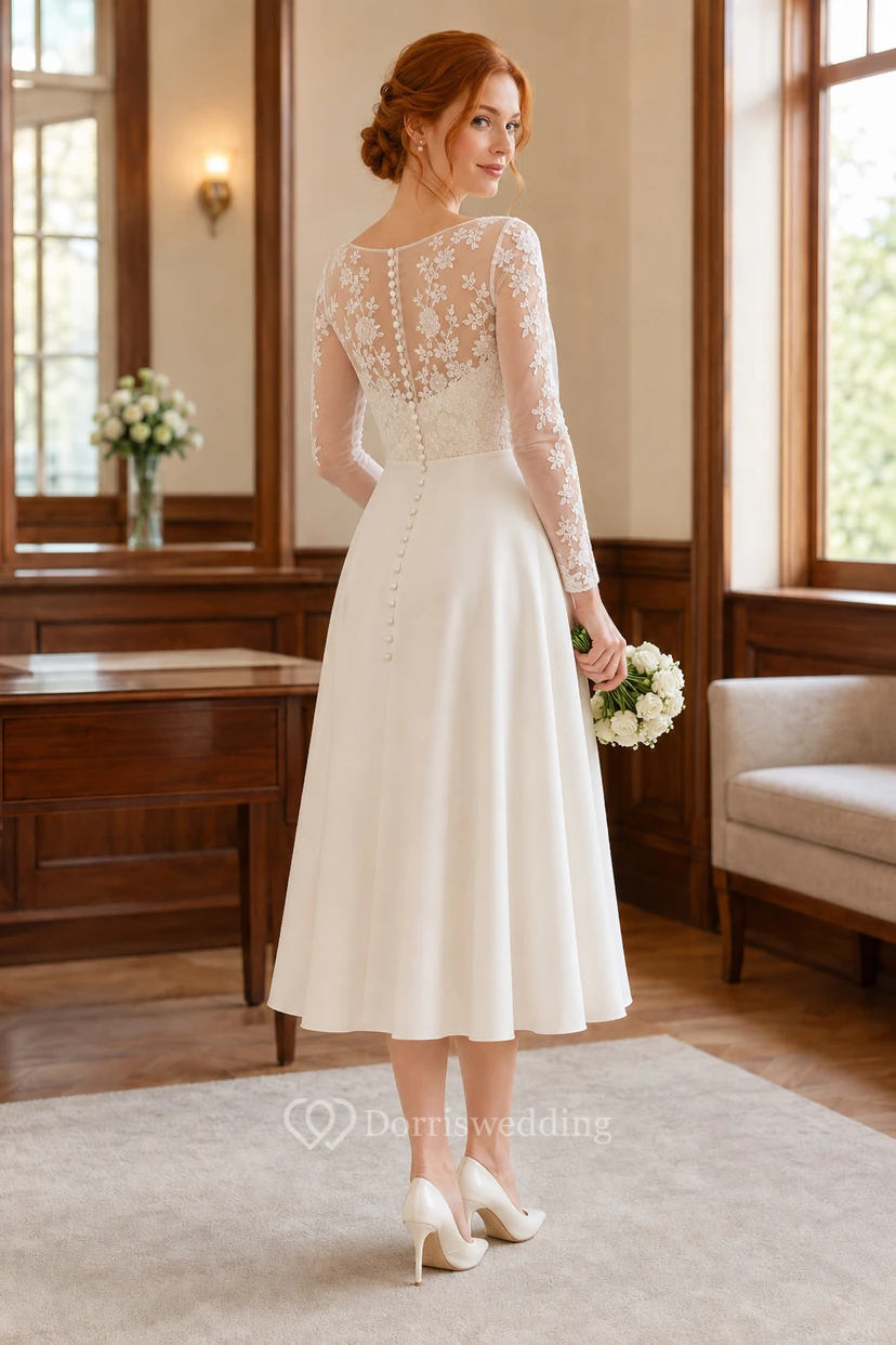 Robe de mariée mi-longue à manches longues avec corsage en dentelle illusion view 2