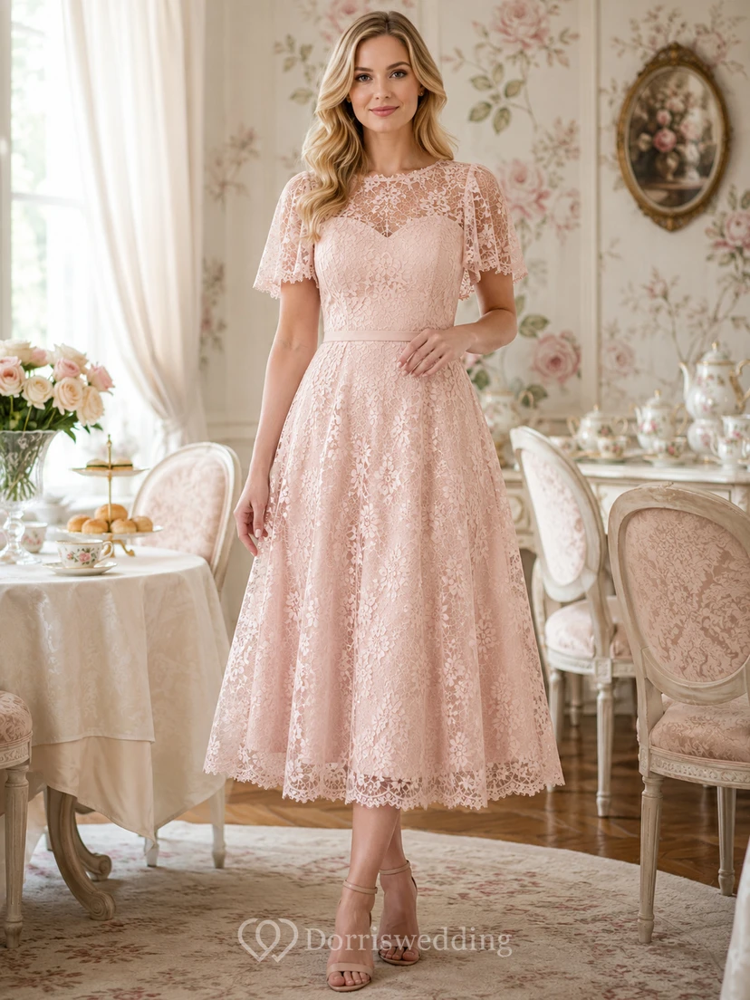 Blushing Pink Bridal Luncheon Short Sleeve Lace Tea Length A Line Dress