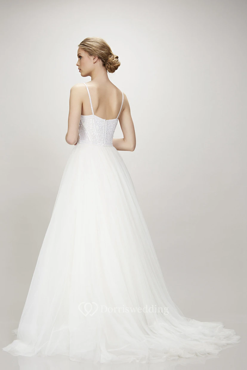 A-Line Sleeveless Beaded Long Spaghetti Tulle Wedding Dress With Zipper Back And Ruffles view 2