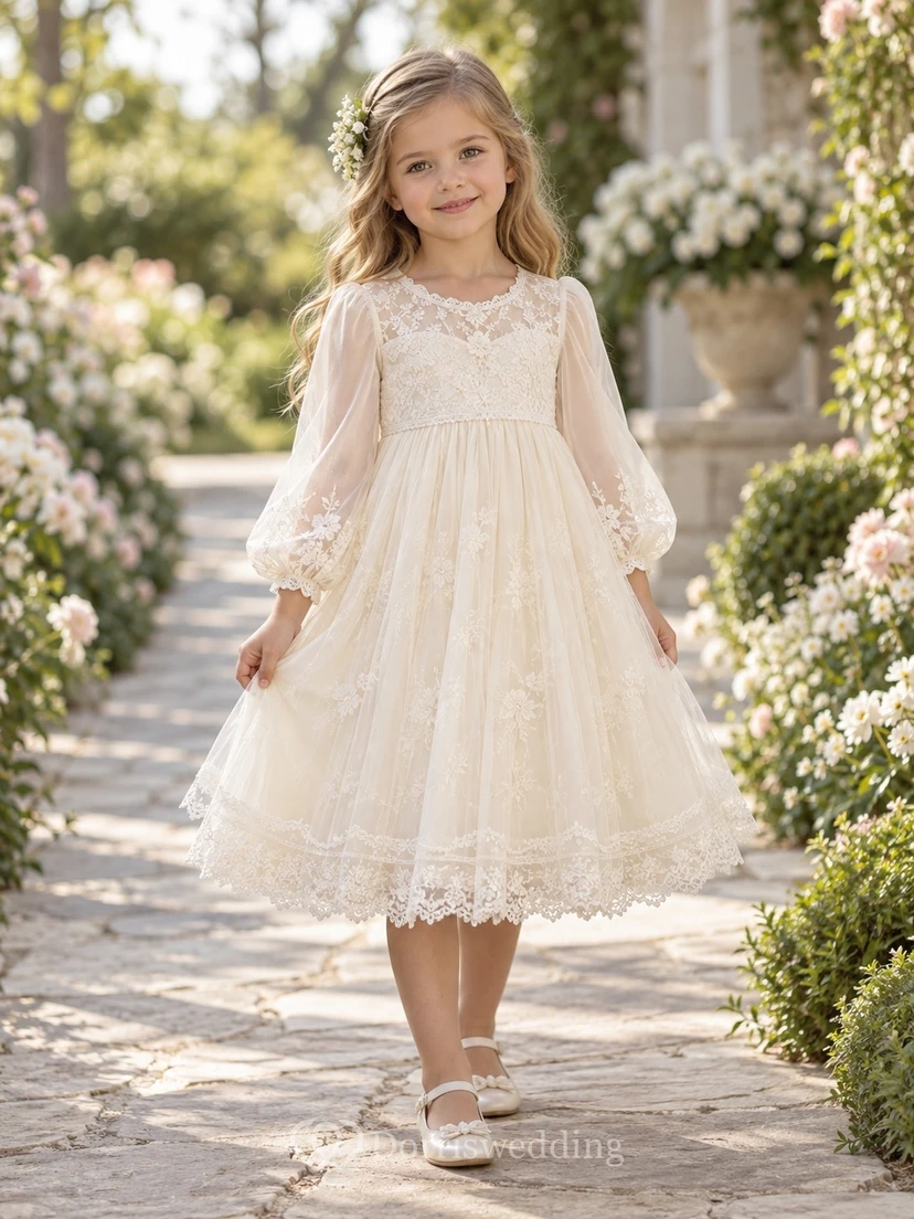 Tea-length Long Sleeve Cream Floral Scalloped Scoop Illusion Bishop Cuff Gathered Lace Border Flowergirl Dress