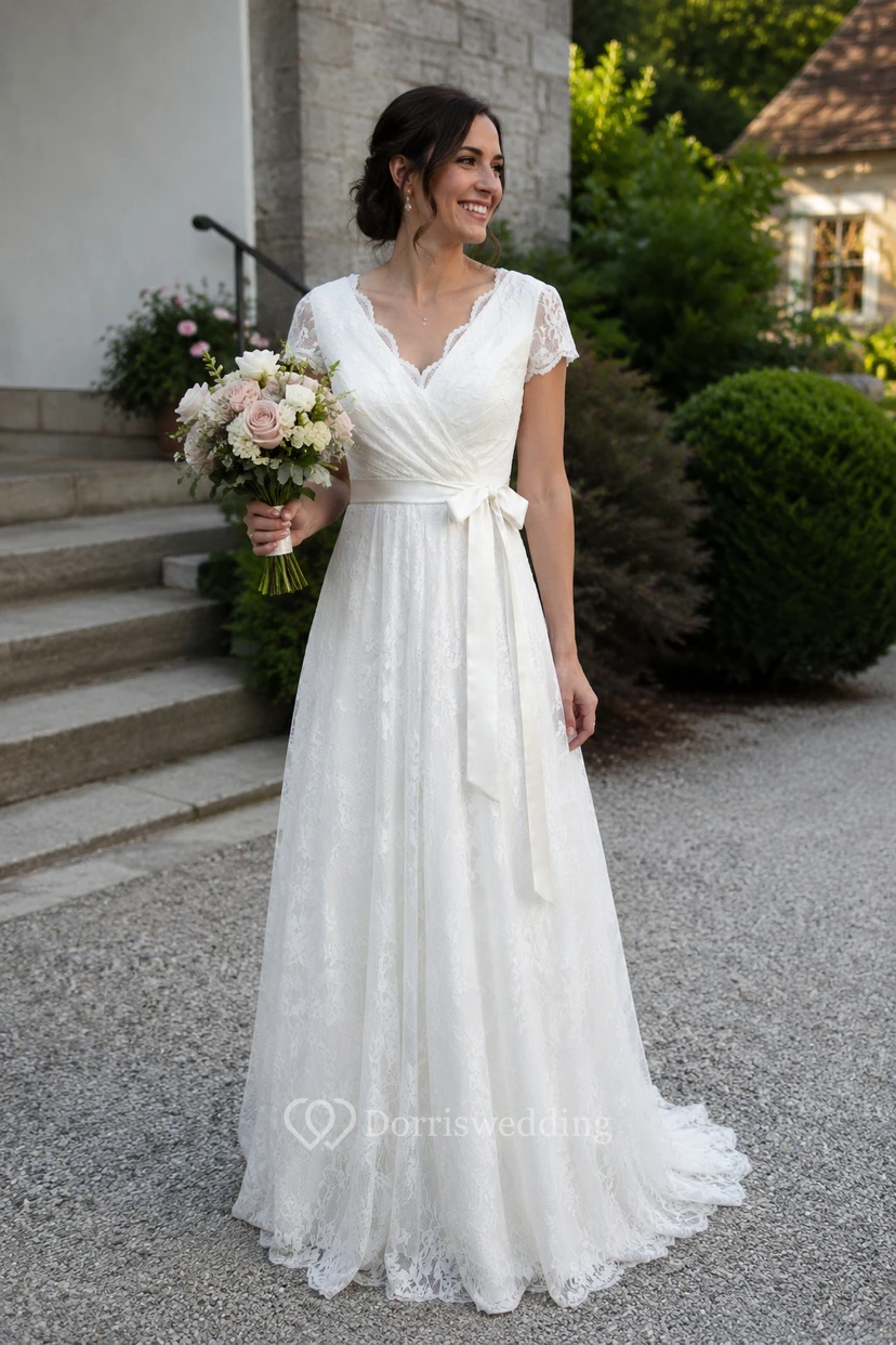 Robe de mariée en dentelle, coupe trapèze, décolleté en V festonné, manches courtes illusion, longueur au sol view 6