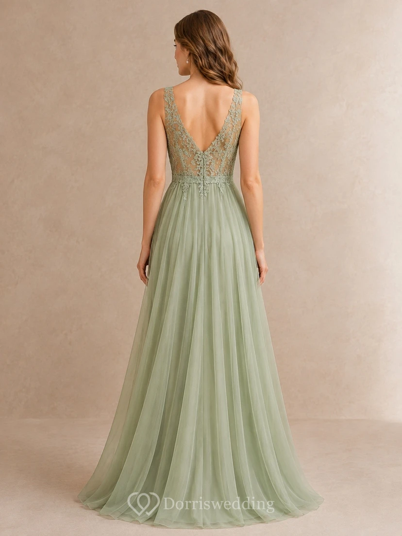 Celadon V-Neck Sleeveless Lace A-Line Maxi Bridesmaid Dress view 2
