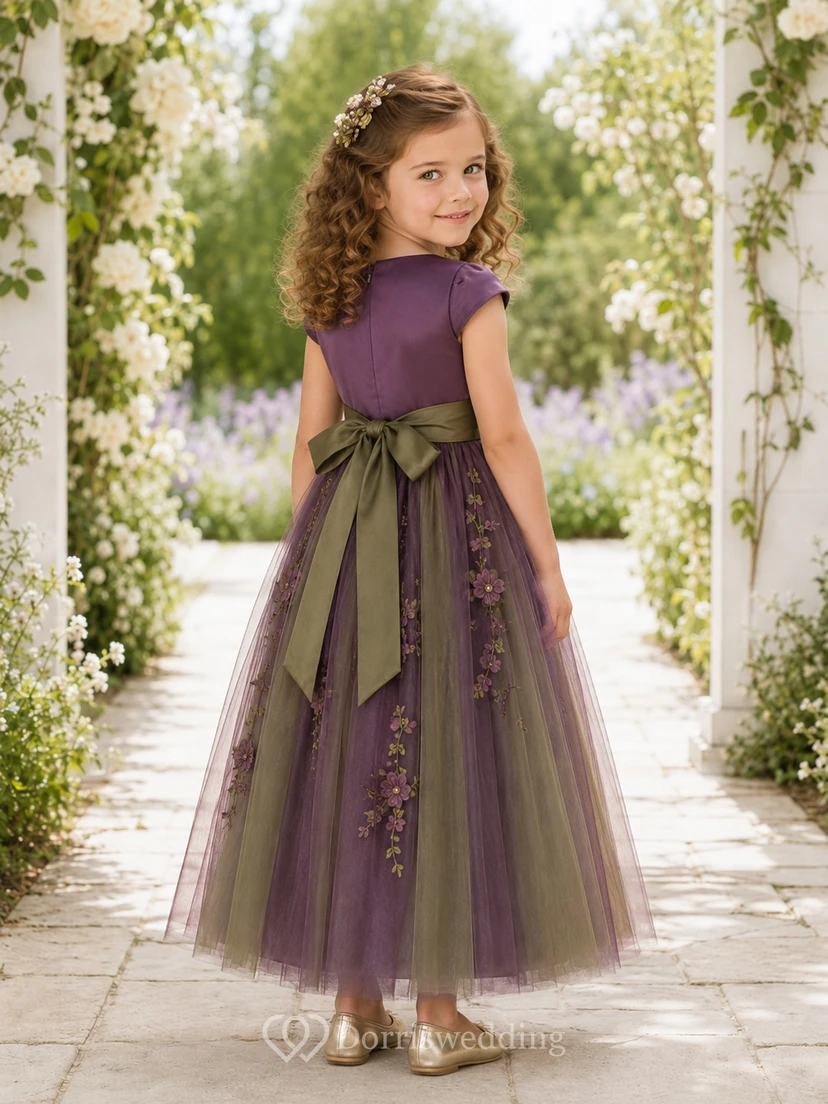 Flower Girl Dress A-Line Plum Olive Tulle Floral Sash Short Sleeve Wedding view 2