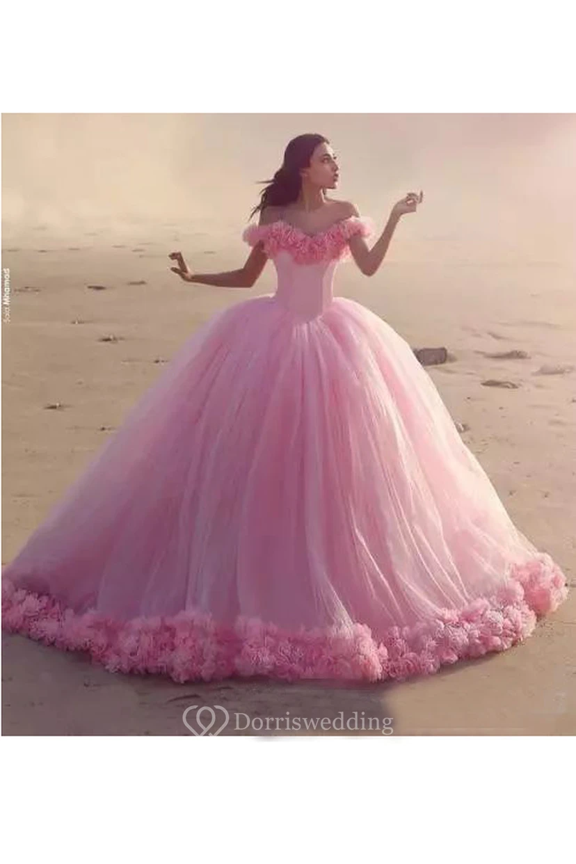 Off-the-shoulder Cap Short Sleeve Cathedral Train Tulle Ball Gown Dress