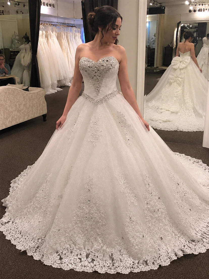 Luxurious Sweetheart Ball Gown Wedding Dress Crystal Beadings Long Train view 6