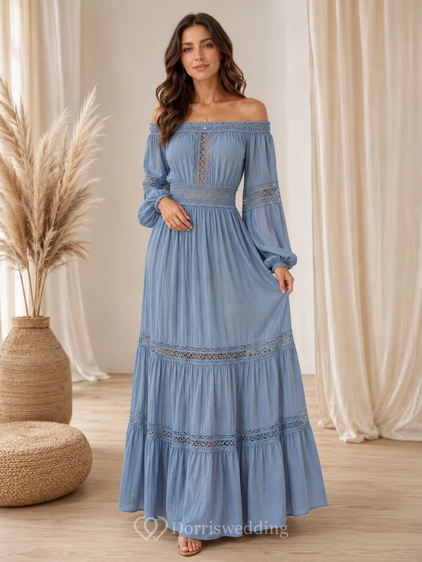 Vestido de gasa bohemio de manga larga con escote Bardot, corte en A y largo hasta el suelo, color azul acero, de la marca Horizon Drift.
