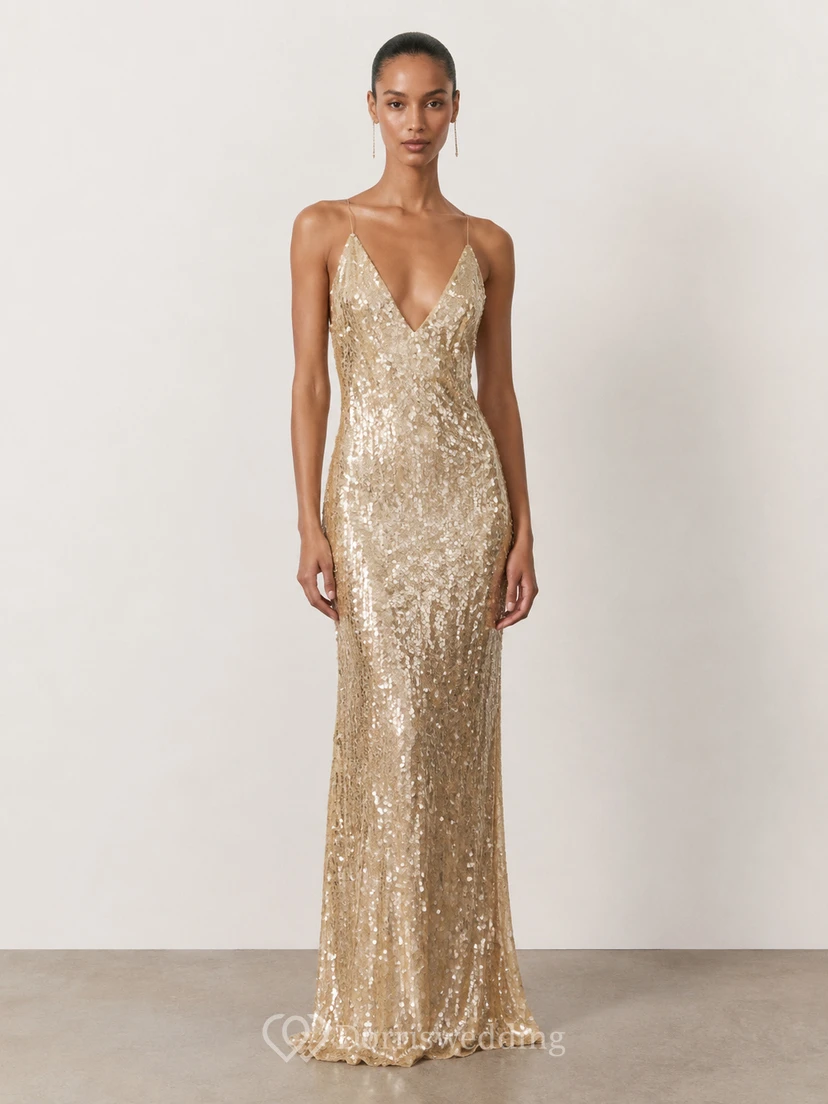 Sheath Sequin Evening Dress with V-neck, Sleeveless and Sequins, Floor Length