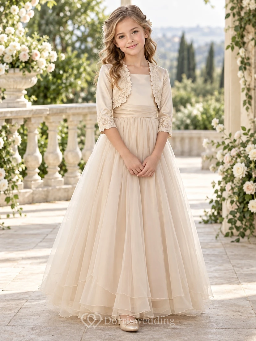 Modest Champagne A-line Tulle Lace-bolero Three-quarter-sleeve Floor-length Scalloped Flower Girl Dress
