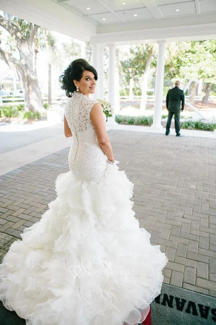 Newest Lace Ruffles Tulle Mermaid Wedding Dress Cap Sleeve view 4