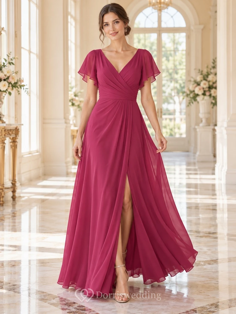 Vestido largo de dama de honor sencillo, color frambuesa, corte en A, escote en V, gasa, mangas con volantes y abertura cruzada.