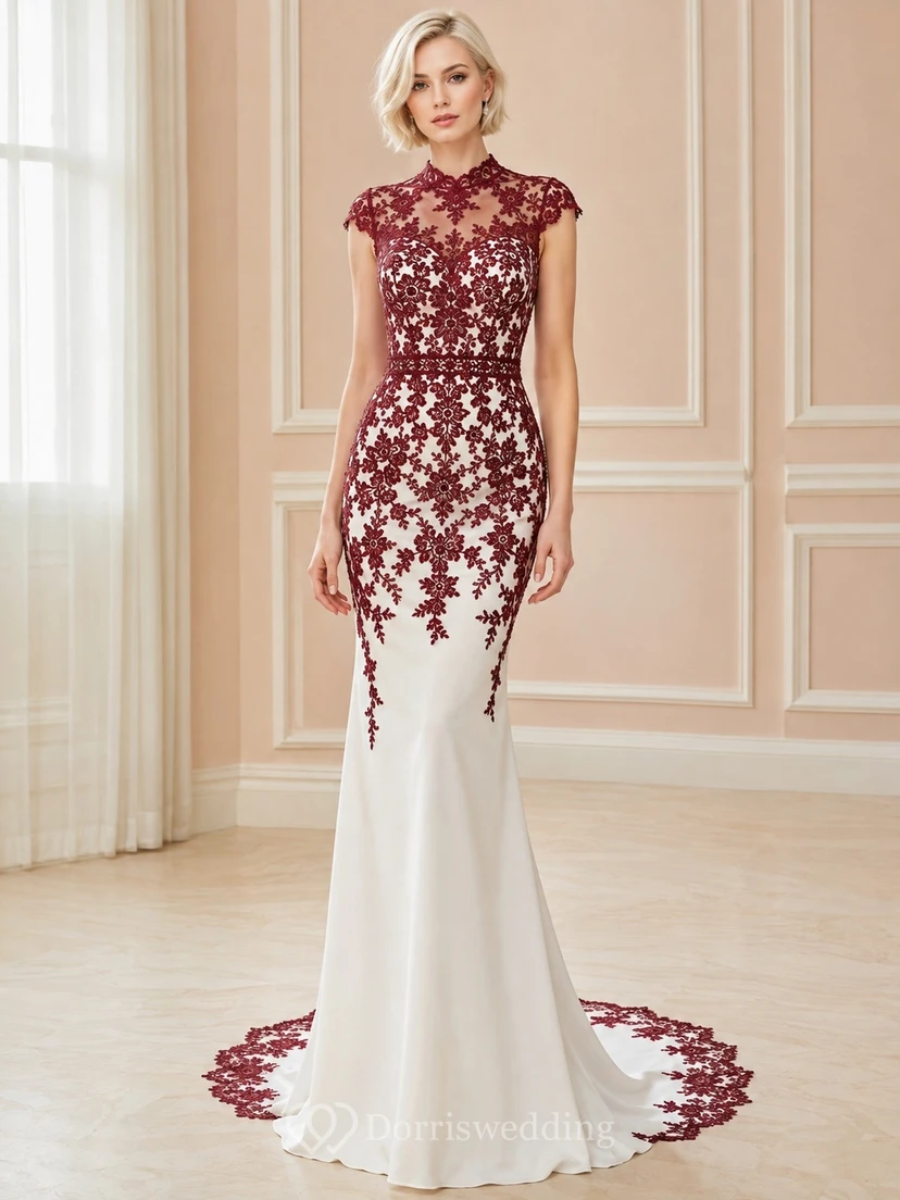 Elegantes Vintage-Brautkleid im Meerjungfrauen-/Trompetenstil mit burgunderfarbenem Muster und hohem Kragen, kurzen Ärmeln und Schleppe