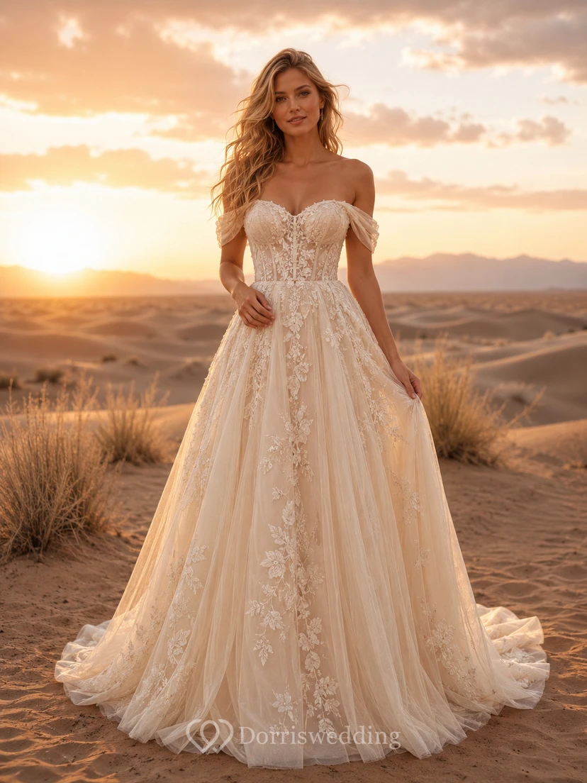 Champagne Boho Off-Shoulder Applique Tulle Desert Bridal Gown