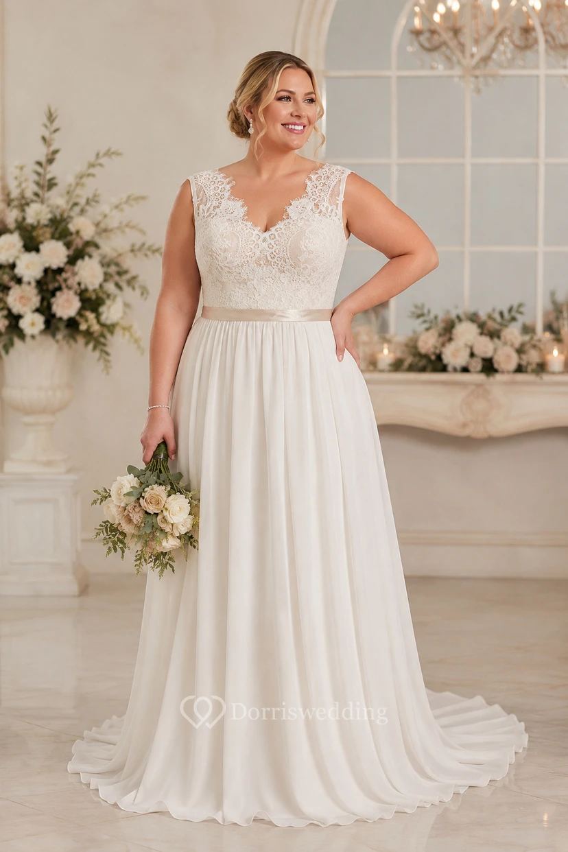 Robe de mariée en mousseline sans manches à col en V avec corsage et traîne. view 4