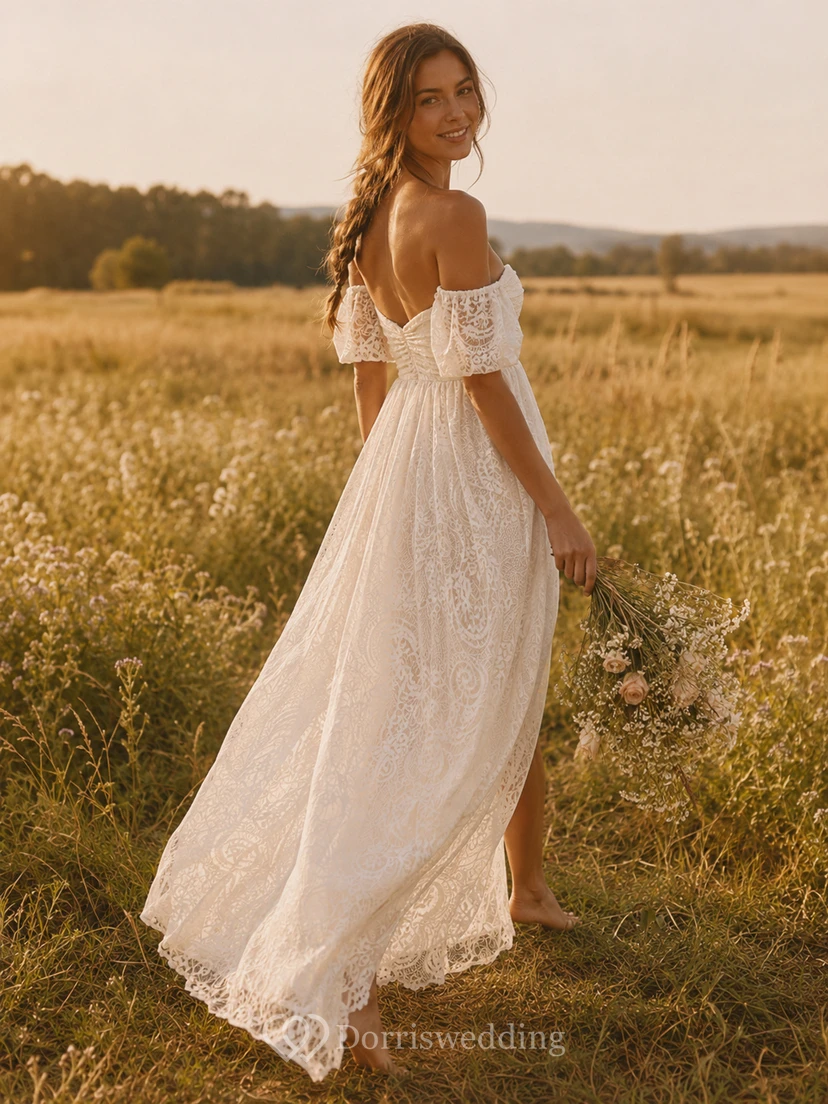 Off-the-Shoulder Boho Wedding Dress with Puff Sleeves, Draped Bodice & Lace Sheath Skirt view 2