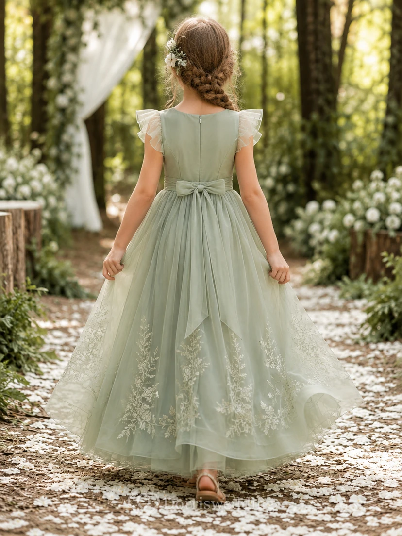 Blumenmädchenkleid aus salbeifarbener Spitze und Tüll, A-Linie, Rundhalsausschnitt, Teelänge view 2