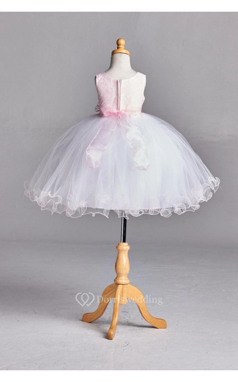 Scoop Neck Sleeveless Empire Tulle Ball Gown With Flower Sash view 3
