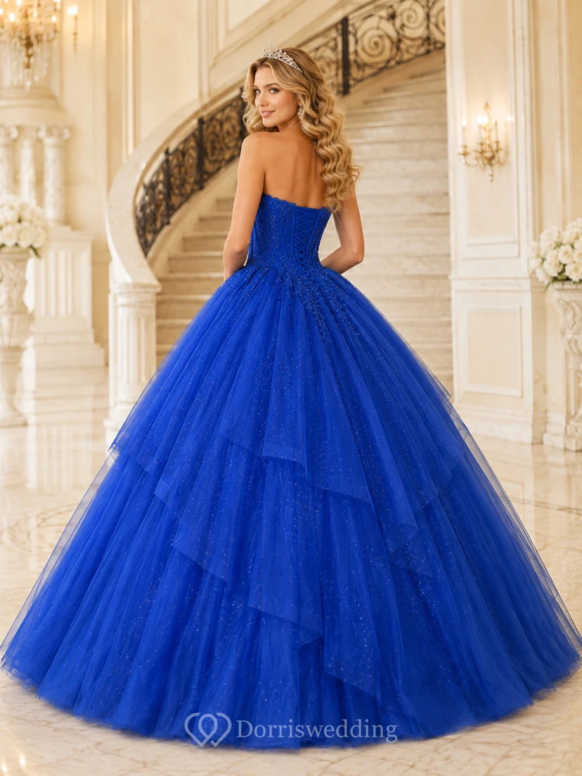 Royal Blue Luxury Strapless Sweetheart Corset Glitter Tulle Princess Quinceanera Ball Gown view 2