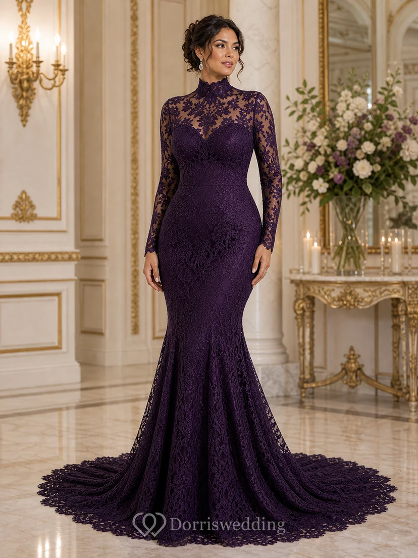 Schwarzes Meerjungfrauen-Hochzeitskleid aus Spitze mit hohem Kragen und langen Ärmeln view 7