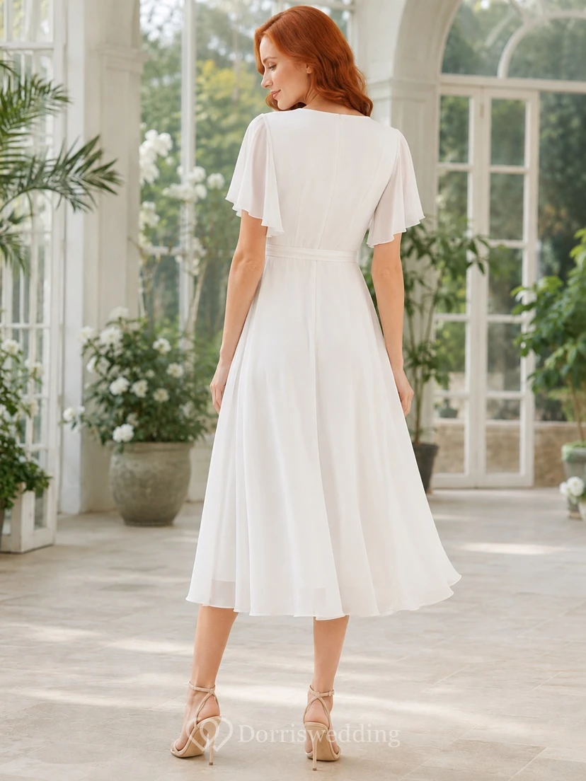 Robe romantique blanche en mousseline de soie, cache-cœur, col en V, manches courtes, coupe trapèze, drapée, longueur thé view 2