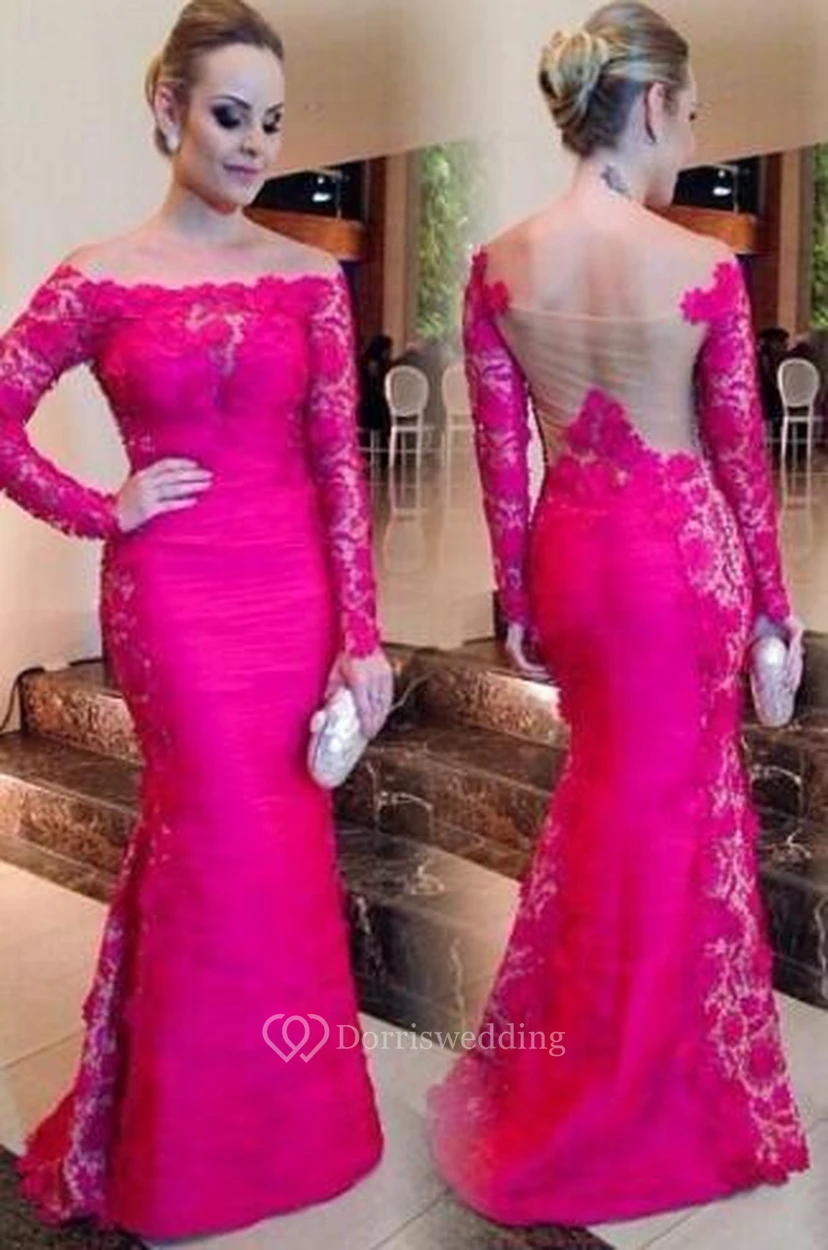 Neuestes fuchsiafarbenes Meerjungfrauen-Abendkleid mit langen Ärmeln und schulterfreiem Spitzeneinsatz