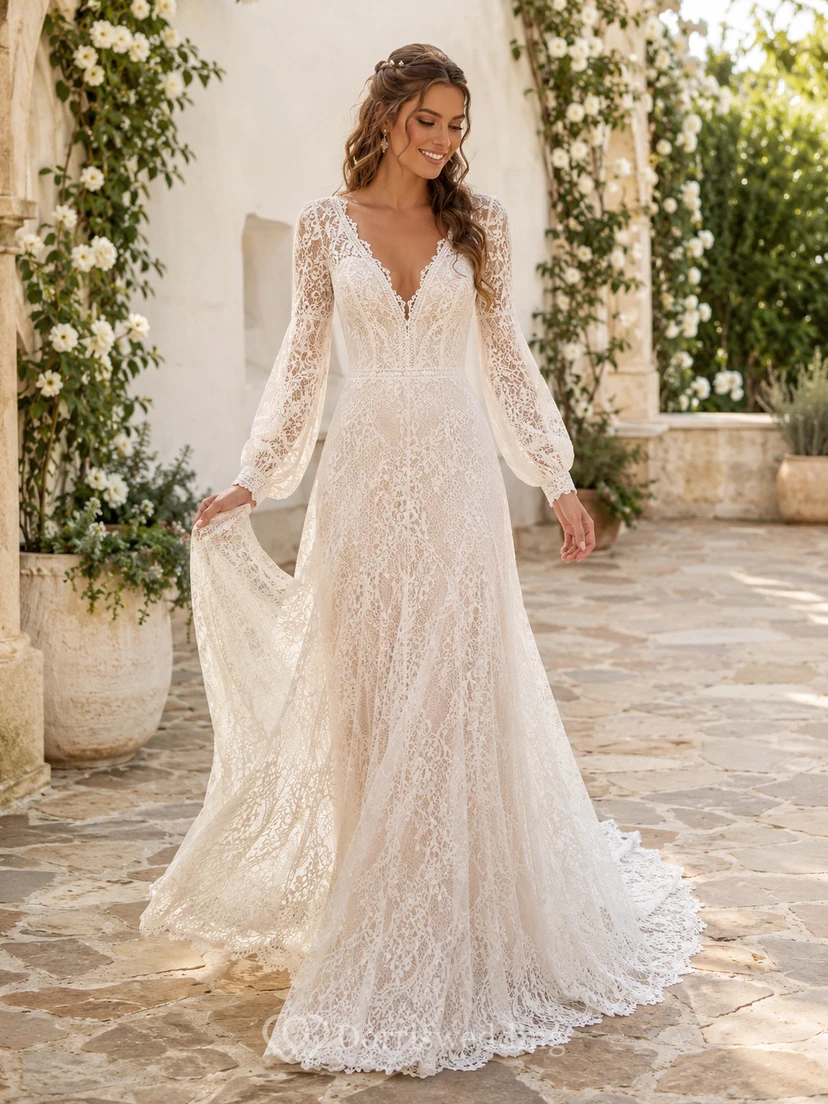 Bohemian V Neck Lace Wedding A Line Long Bell Sleeve Sweep Train
