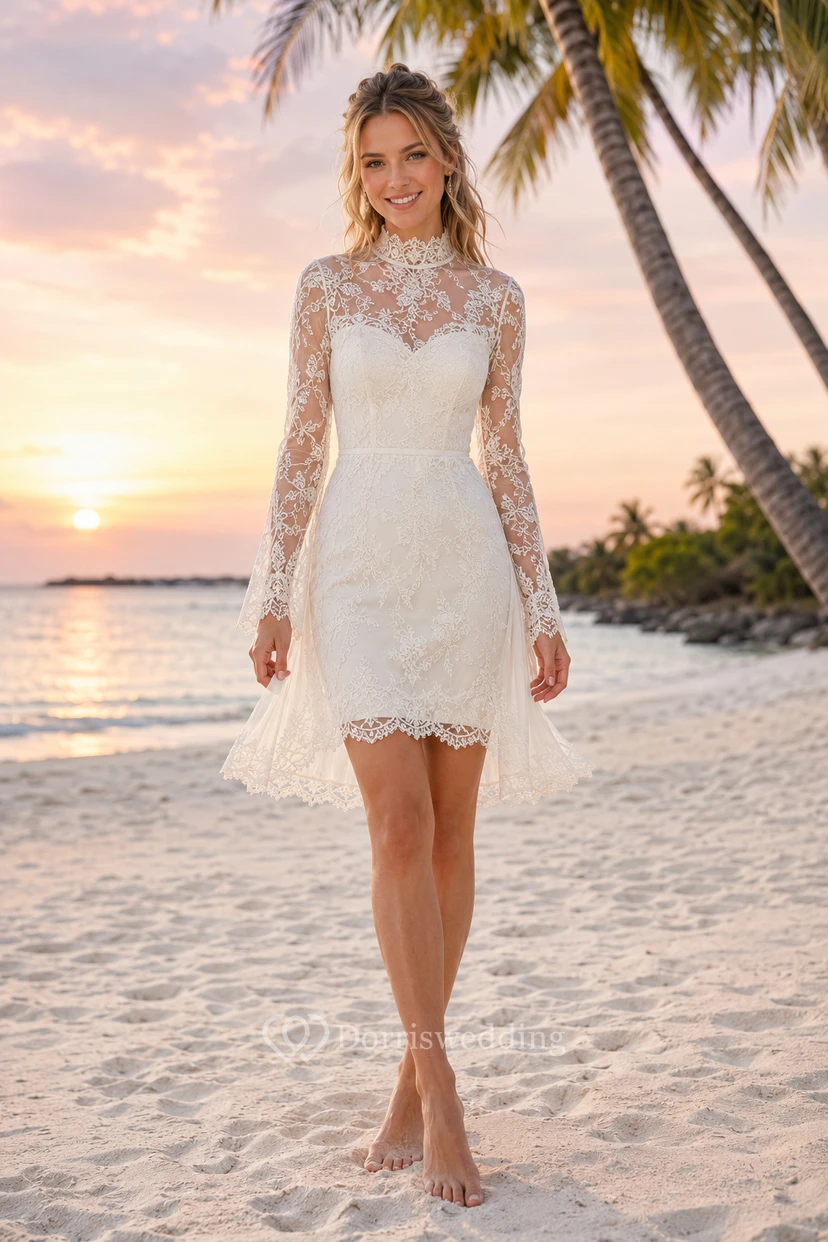 Robe de mariée courte de plage en dentelle à manches longues et dos illusion
