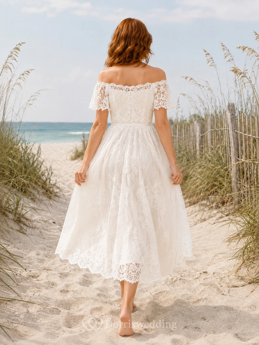 Lässiges Strandkleid aus Spitze, schulterfrei, kurzärmelig, A-Linie, Teelänge, Boho-Stil view 2
