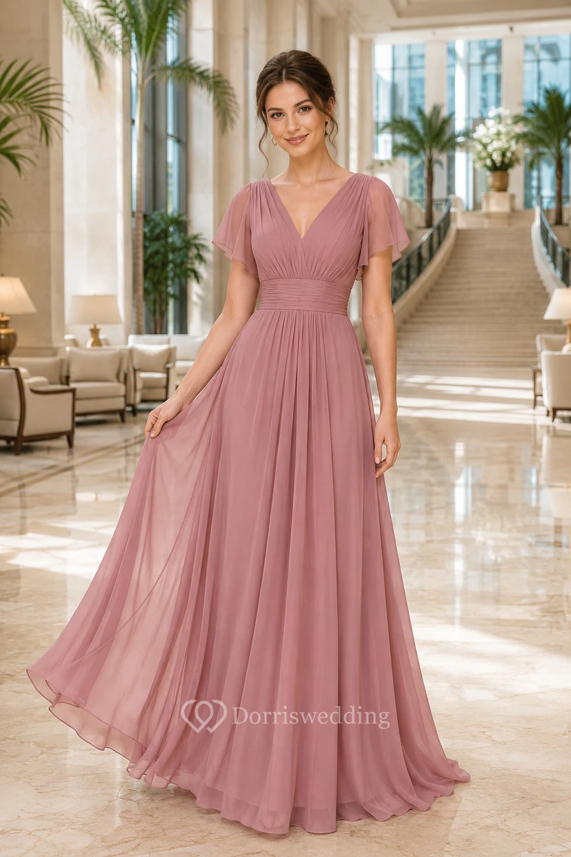 Robe de soirée en mousseline rose poudré, coupe trapèze, col V, manches courtes, longueur au sol