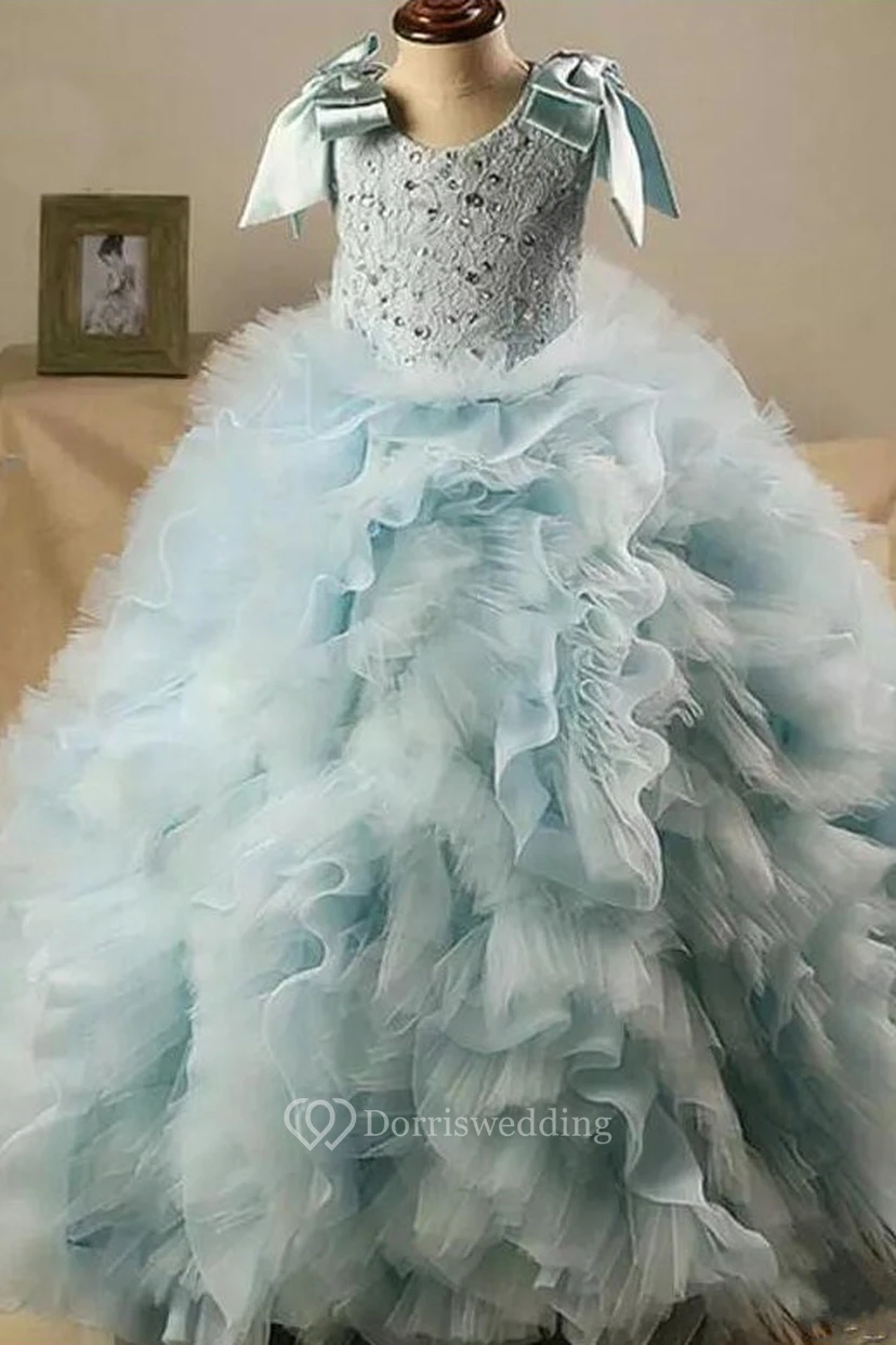 Ball Gown Scoop-Neck Sash Bow Beading Ruffled Flower Girl Dress