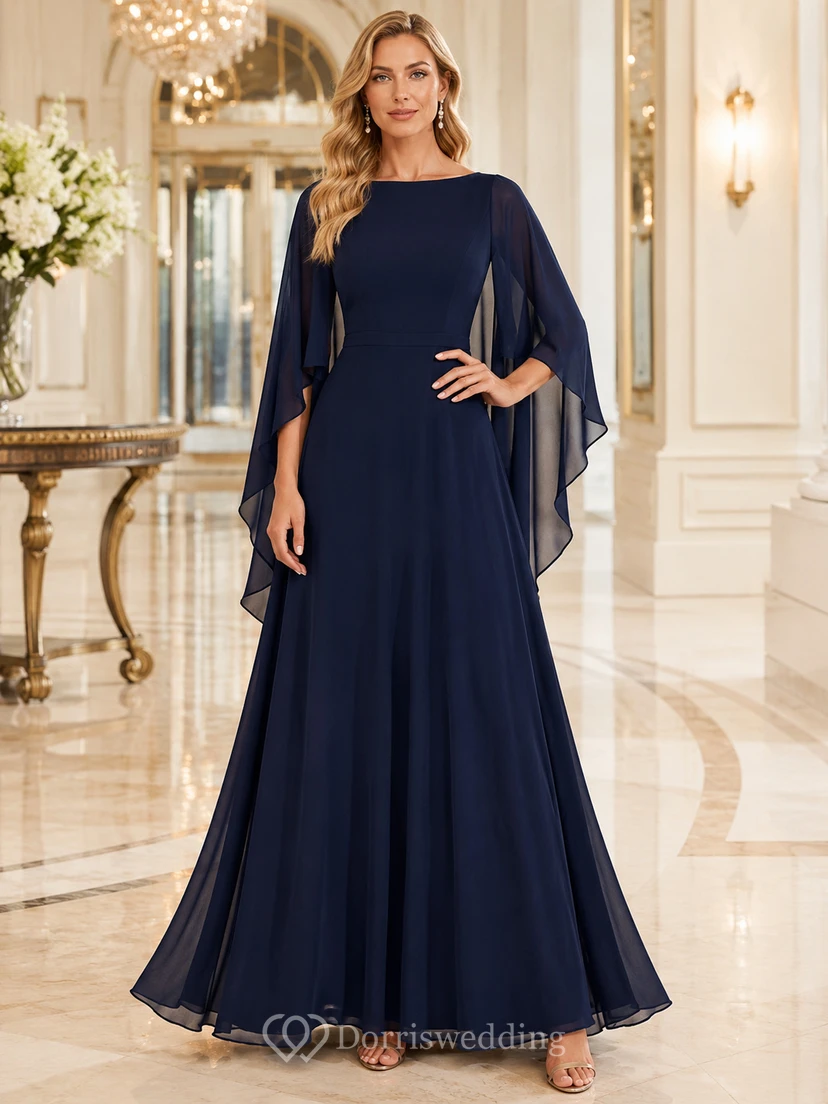 Vestido formal modesto de gasa azul marino con mangas tipo capa y escote barco, largo hasta el suelo.