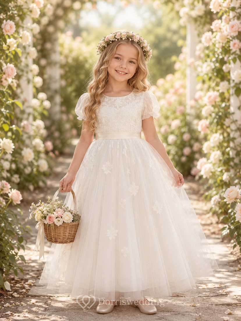 Tüll-Blumenmädchenkleid mit Puffärmeln