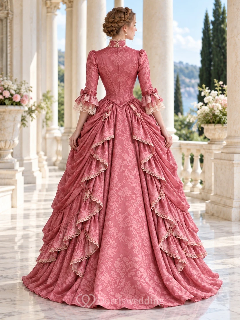 Robe de soirée vintage Renaissance rose poudré style reine Anne à manches à volants superposées view 2