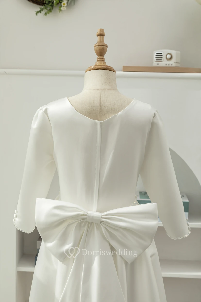 Modest Long Sleeve Scoop-neck Satin A-line Beaded Flowergirl Dress view 6