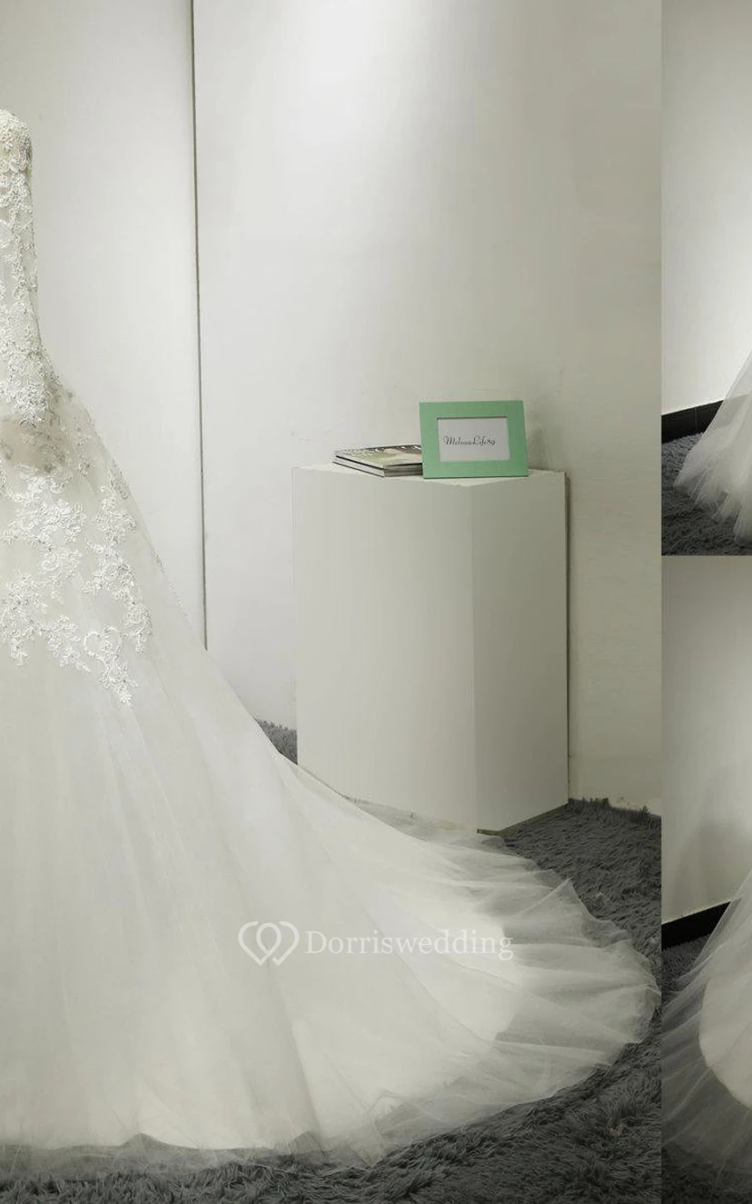 Lace and Tulle 3-4 Sleeve Bateau Neck Dress With Low-V Back view 5