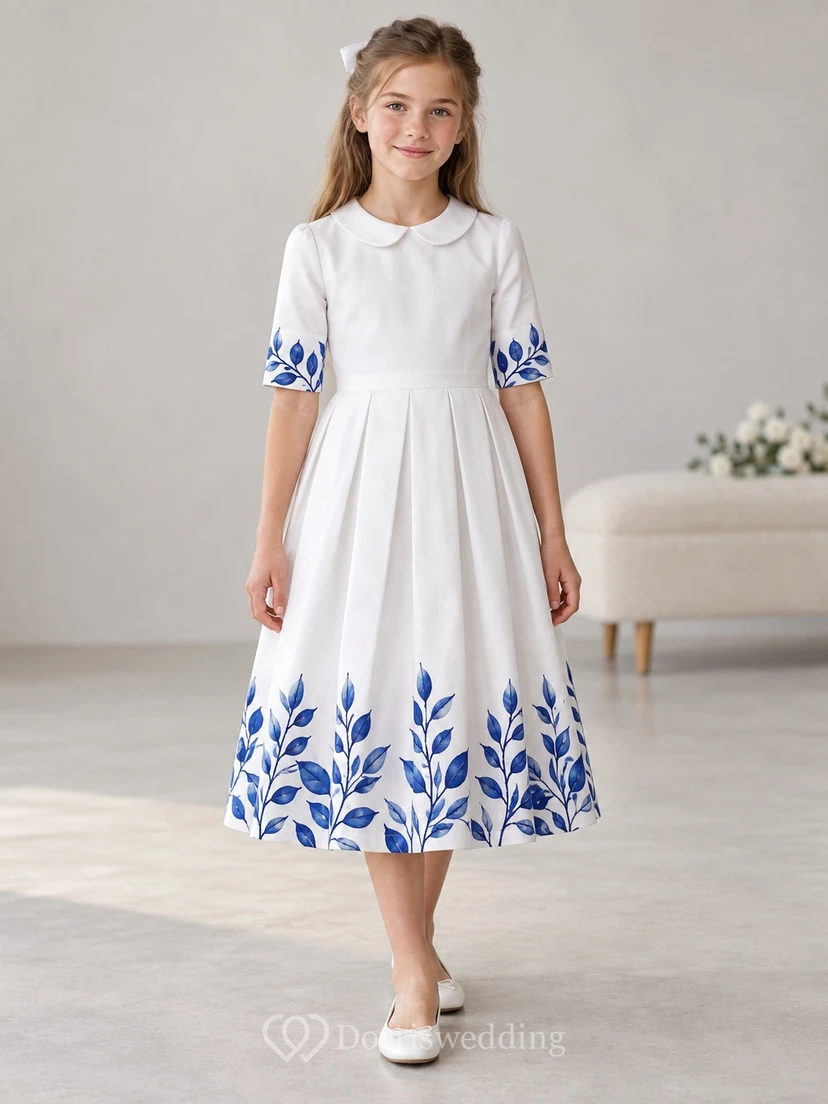 Schlichtes, schlichtes weißes Teelängenkleid mit Peter-Pan-Kragen, Ellbogenärmeln, ovalem Blättermuster, plissiertem Bund und A-Linien-Schnitt für Blumenmädchen