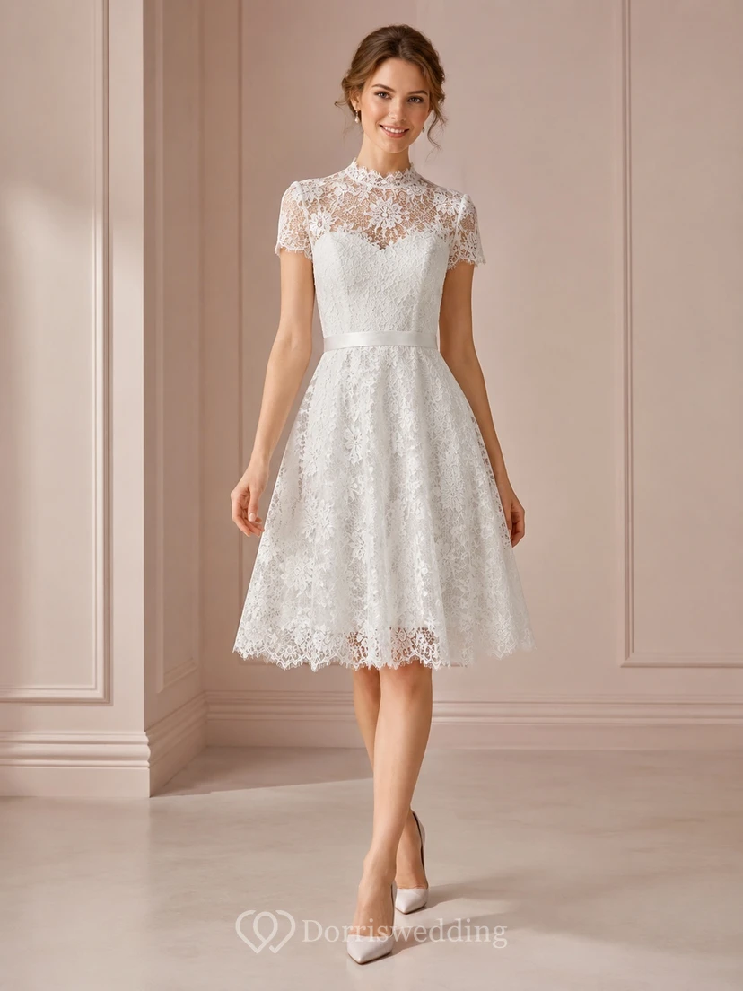Modest Jewel Neck Cap Sleeve Lace A-Line Knee-Length Courthouse Wedding Dress