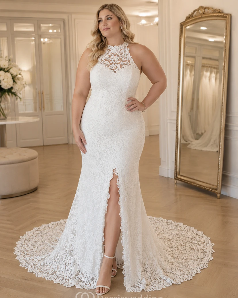 Robe de mariée fourreau sans manches en dentelle, col rond fendu sur le devant et dos nu en forme de goutte, idéale pour la plage. Encolure en V, fente sur le devant et dos nu en forme de goutte.