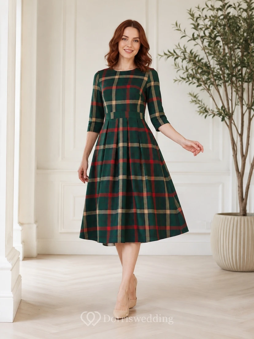 Vintage Plaid Jewel-Neck Three-Quarter-Sleeve A-Line Midi Dress