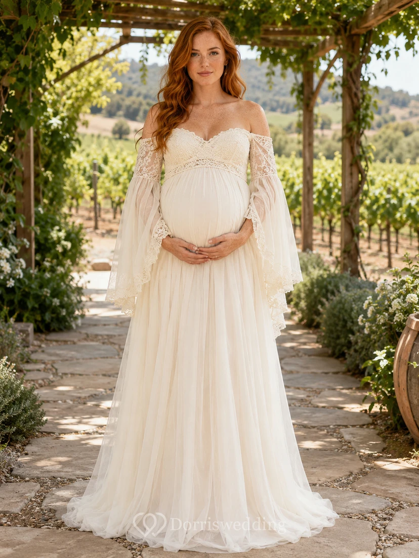 Maternity Wedding Dress Off Shoulder A-Line Tulle Gown with Lace Sleeve Detail and Garden Train