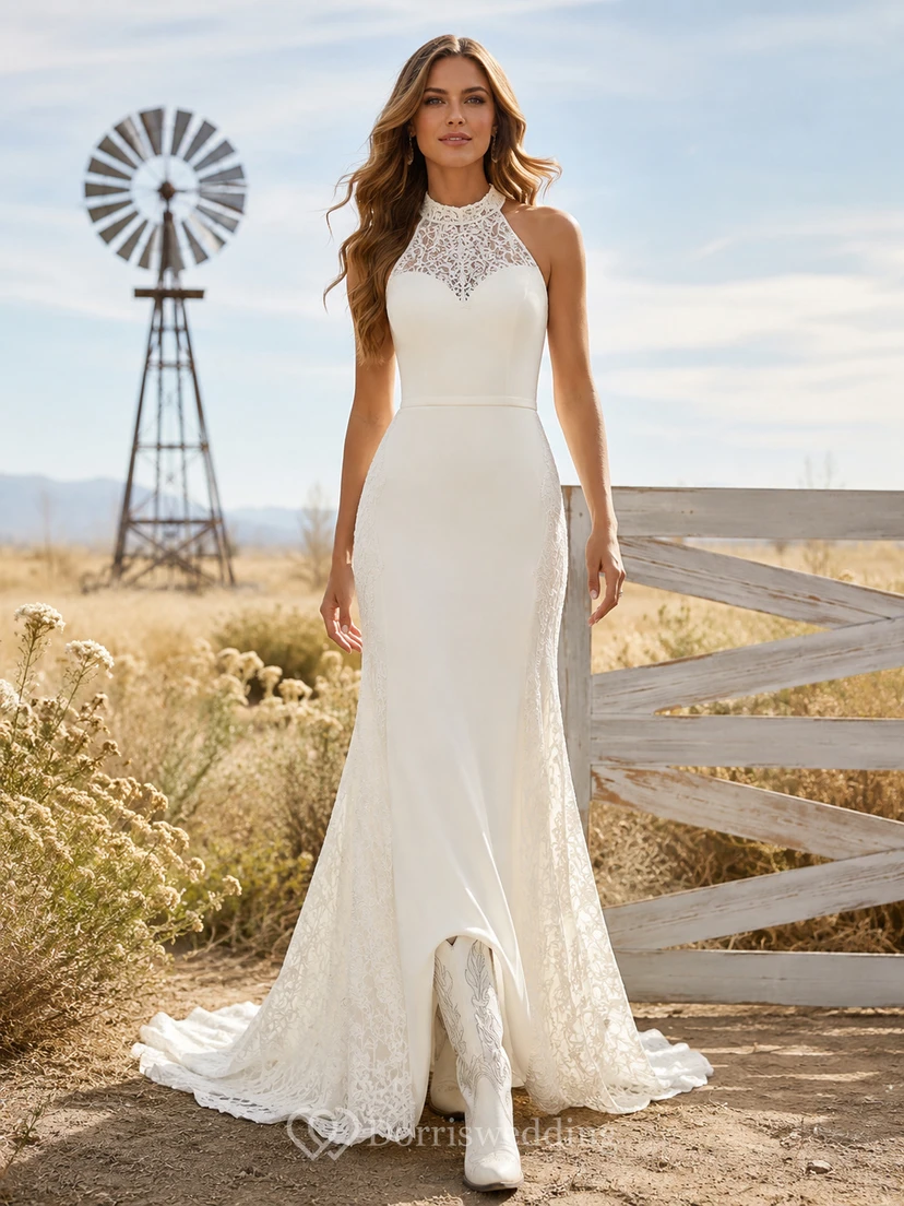 Modest Western High Neck Sleeveless Lace Sheath Court Train Wedding Dress
