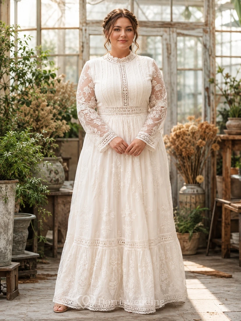 Plus Size Boho High Neck Long Lace Sleeve A-Line Floor-Length Wedding Dress