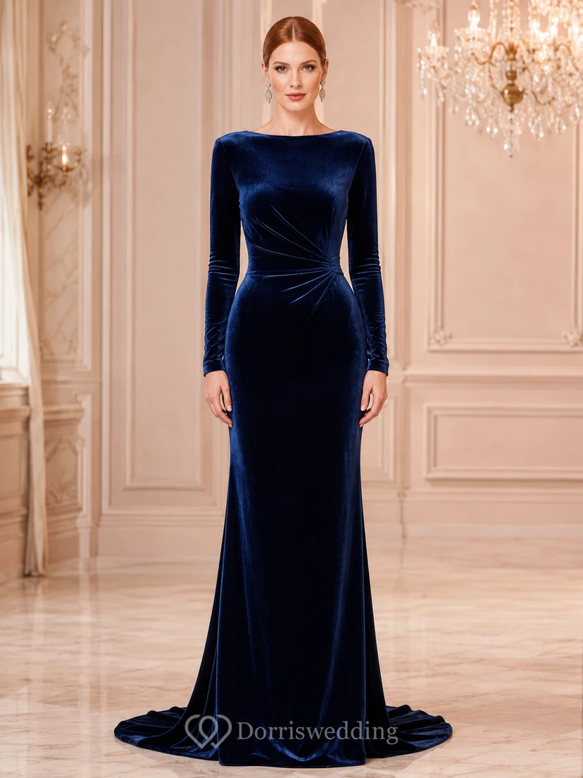 Robe de soirée sirène à manches longues en velours bleu marine foncé, style bateau, en velours bleu marine foncé