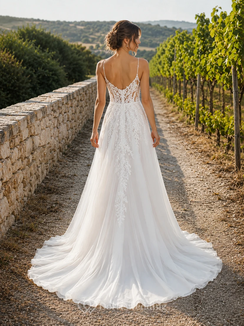 Boho Country A Line Spaghetti Deep V Lace Split Chapel Train Wedding Dress view 2