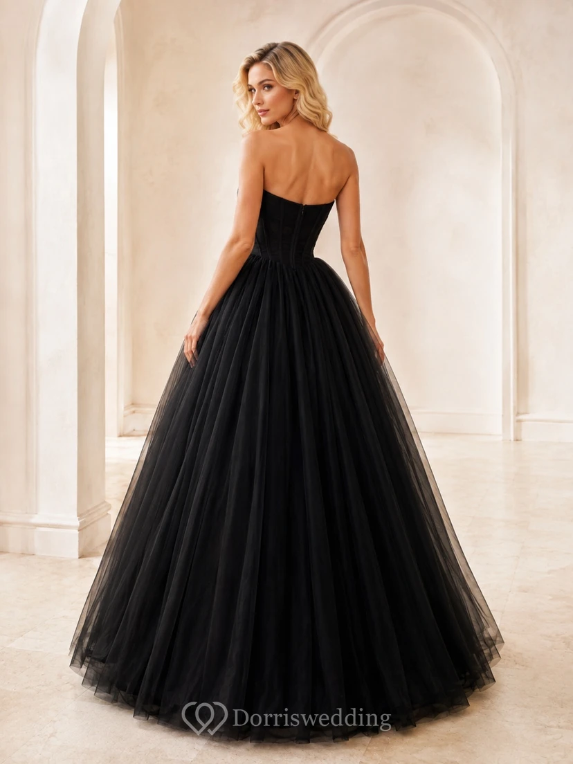 Black Sweetheart Strapless Tulle Ball Gown Floor-Length Prom Evening Dress view 2