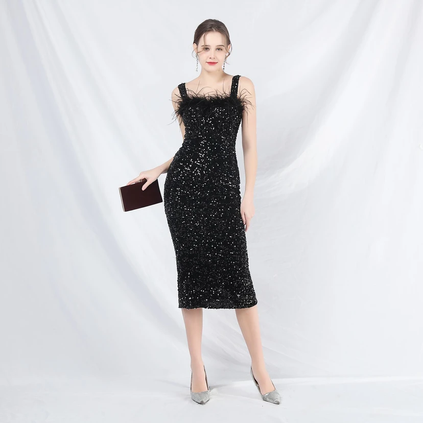 Craft Ostrich Feather Velvet Sequined Evening Dress view 41