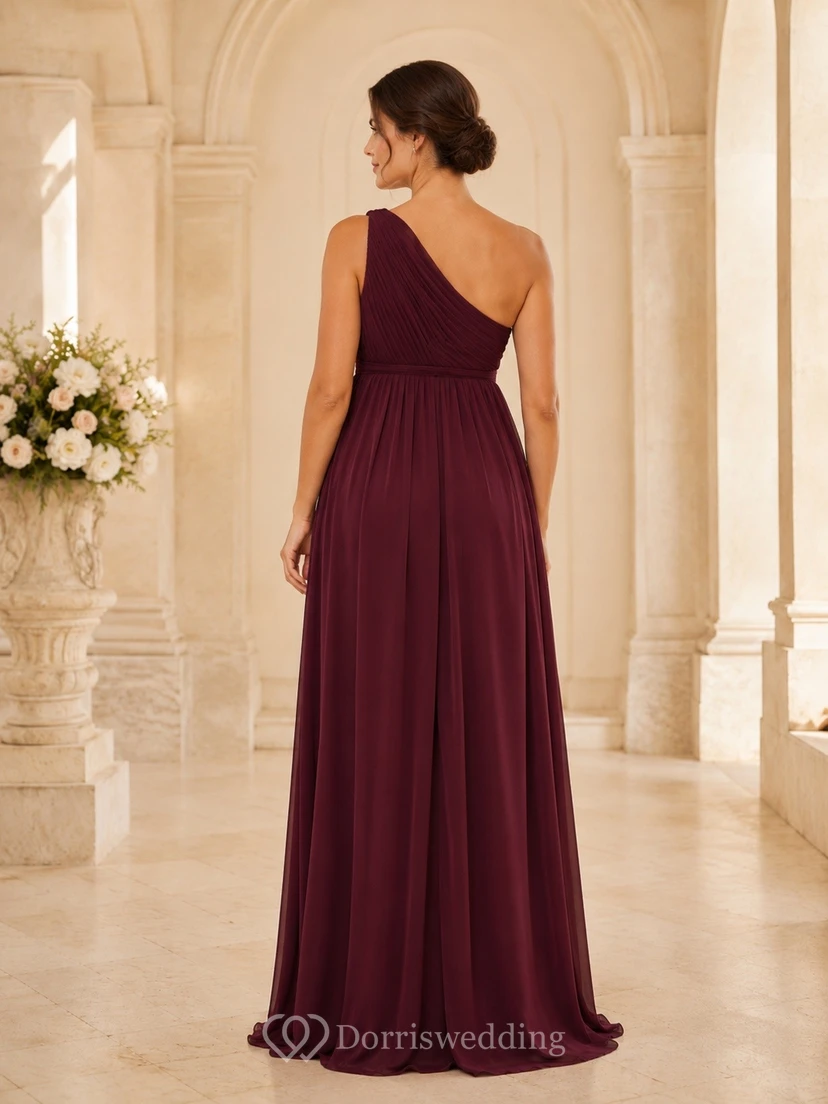 Burgundy Maternity One Shoulder Chiffon Empire Bridesmaid Evening Gown Dress view 2