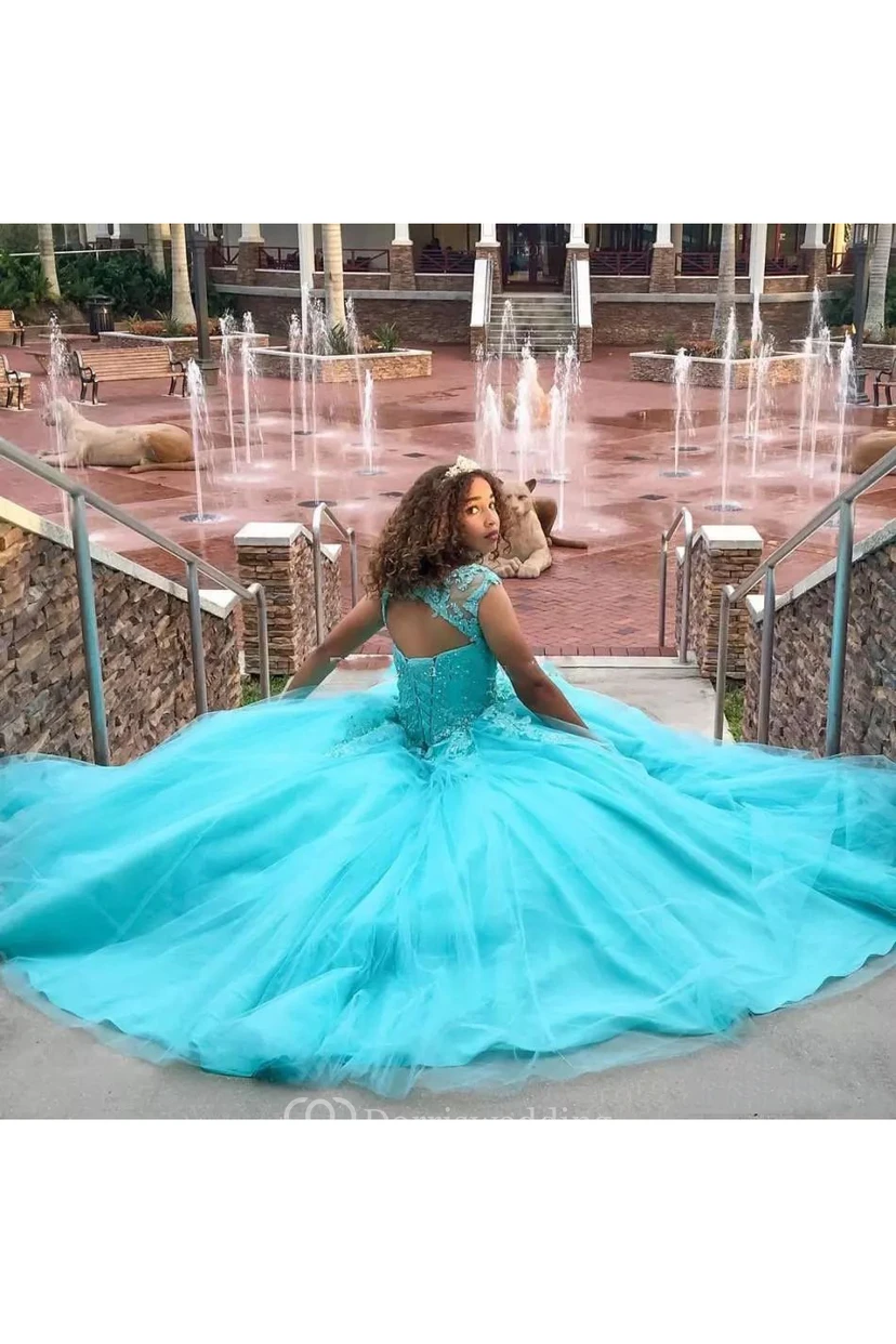 Bateau Cap Short Sleeve Brush Train Lace Tulle Ball Gown Dress view 2